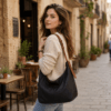 Black Leather Hobo Bag with Brown Strap, Slouchy Everyday Shoulder Bag, Soft Leather Purse, Minimalist Daily Tote