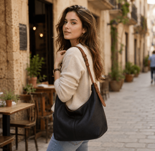Black Leather Hobo Bag with Brown Strap, Slouchy Everyday Shoulder Bag, Soft Leather Purse, Minimalist Daily Tote