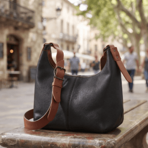 Black Leather Hobo Shoulder Bag with Brown Strap Black leather hobo shoulder bag with brown adjustable strap
