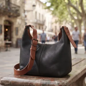 Black leather hobo shoulder bag with brown adjustable strap