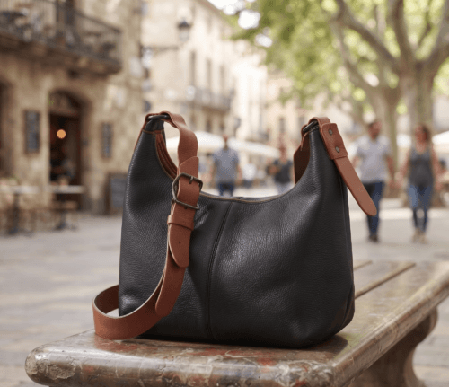 Black leather hobo shoulder bag with brown adjustable strap