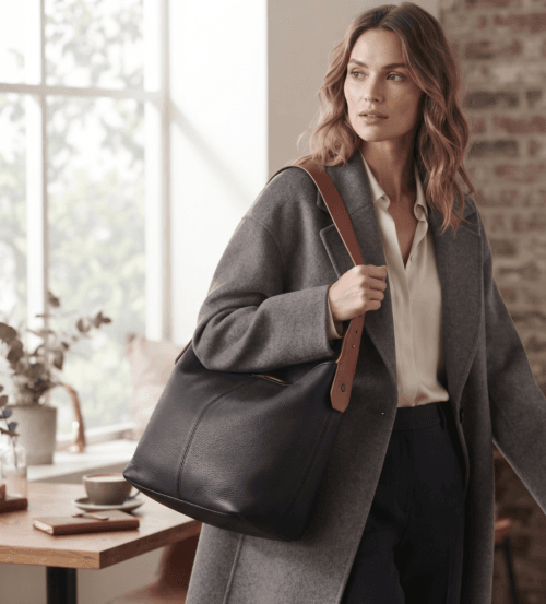 Black leather hobo shoulder bag with brown adjustable strap