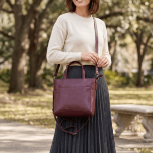 Burgundy Leather Tote Bag – DayLife Leather Burgundy genuine leather tote bag for women with adjustable crossbody strap