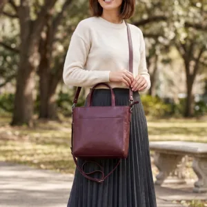 Burgundy genuine leather tote bag for women with adjustable crossbody strap