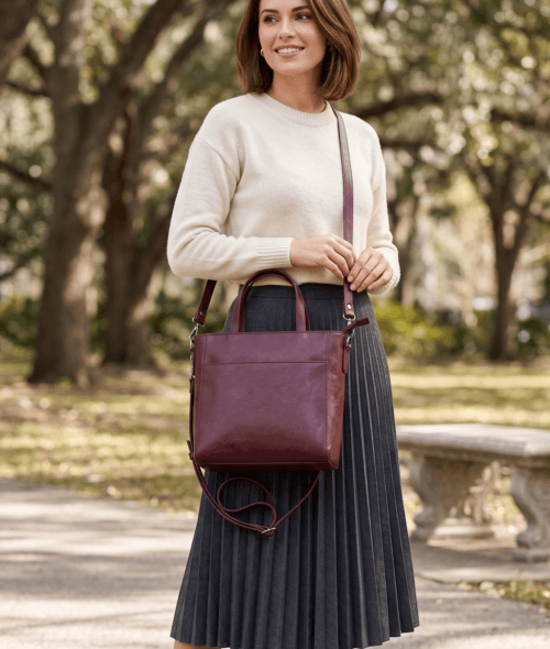 Burgundy genuine leather tote bag for women with adjustable crossbody strap