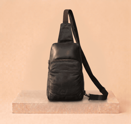 Handcrafted Black Leather Crossbody Sling Backpack – Everyday Casual Chest Bag