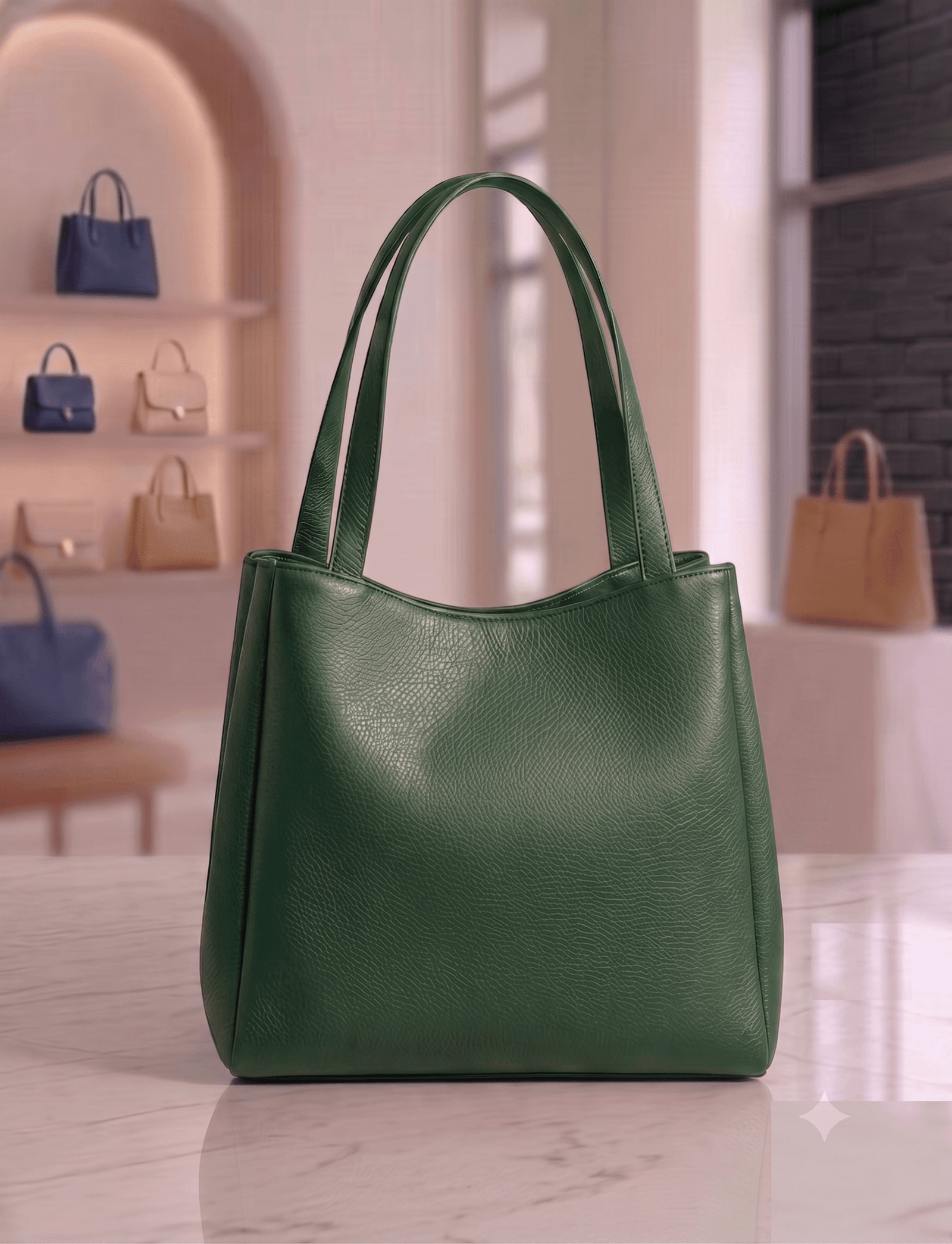 Green leather tote bag displayed in a boutique setting