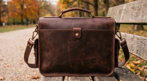 DayLife Leather vintage brown full-grain leather messenger bag resting on a wooden bench in a park.