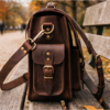 DayLife Leather vintage brown full-grain leather messenger bag resting on a wooden bench in a park.