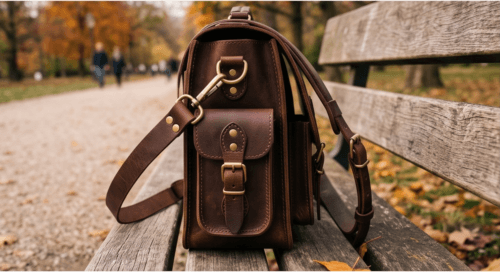 DayLife Leather vintage brown full-grain leather messenger bag resting on a wooden bench in a park.