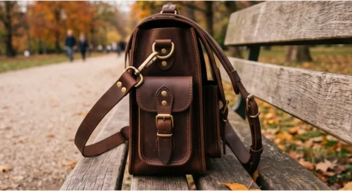 DayLife Leather vintage brown full-grain leather messenger bag resting on a wooden bench in a park.