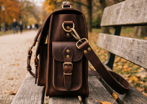 DayLife Leather vintage brown full-grain leather messenger bag resting on a wooden bench in a park.