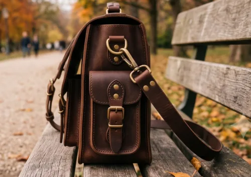 DayLife Leather vintage brown full-grain leather messenger bag resting on a wooden bench in a park.
