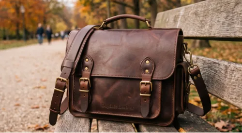 DayLife Leather vintage brown full-grain leather messenger bag resting on a wooden bench in a park.