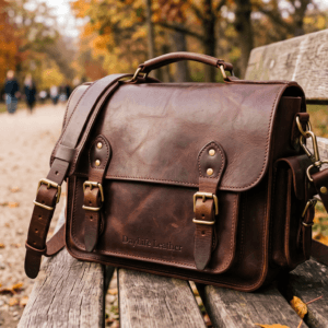 DayLife Leather Classic Brown Vintage Messenger Bag DayLife Leather vintage brown full-grain leather messenger bag resting on a wooden bench in a park.