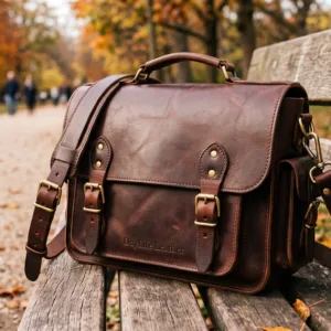 DayLife Leather vintage brown full-grain leather messenger bag resting on a wooden bench in a park.