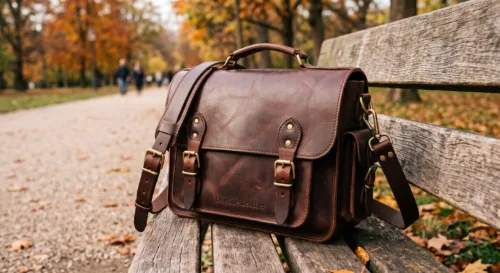 DayLife Leather vintage brown full-grain leather messenger bag resting on a wooden bench in a park.