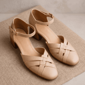 Shop premium handcrafted beige leather block heel sandals at DayLifeLeather.com. Featuring a chic woven closed-toe design for ultimate style and comfort.