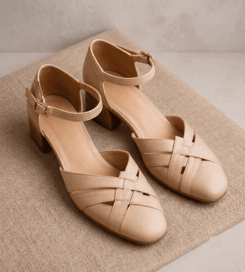 Buy Handcrafted Woven Beige Leather Block Heels | DayLife Leather Shop premium handcrafted beige leather block heel sandals at DayLifeLeather.com. Featuring a chic woven closed-toe design for ultimate style and comfort.