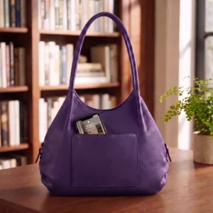 Purple leather hobo bag with phone in front slip pocket Purple Leather Hobo Bag – DayLife Leather