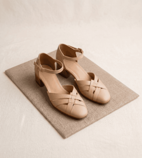 Buy Handcrafted Woven Beige Leather Block Heels | DayLife Leather DayLife Leather Handcrafted Beige Woven Closed-Toe Block Heel Sandals