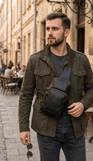 Handcrafted black textured leather sling bag with antique brass zippers and adjustable crossbody strap