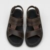 Multiple viewing angles of men's handcrafted dark brown leather casual sandals showcasing dual straps, contrast stitching, and a comfortable flat sole.
