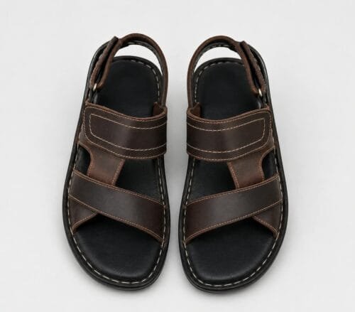 Multiple viewing angles of men's handcrafted dark brown leather casual sandals showcasing dual straps, contrast stitching, and a comfortable flat sole.