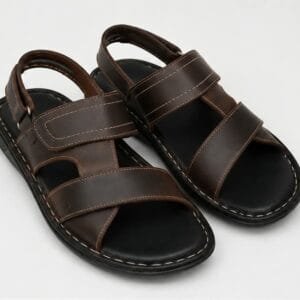 Multiple viewing angles of men's handcrafted dark brown leather casual sandals showcasing dual straps, contrast stitching, and a comfortable flat sole.
