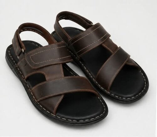 Multiple viewing angles of men's handcrafted dark brown leather casual sandals showcasing dual straps, contrast stitching, and a comfortable flat sole.