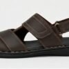 Multiple viewing angles of men's handcrafted dark brown leather casual sandals showcasing dual straps, contrast stitching, and a comfortable flat sole.