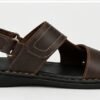Multiple viewing angles of men's handcrafted dark brown leather casual sandals showcasing dual straps, contrast stitching, and a comfortable flat sole.