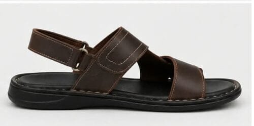Multiple viewing angles of men's handcrafted dark brown leather casual sandals showcasing dual straps, contrast stitching, and a comfortable flat sole.