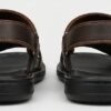 Multiple viewing angles of men's handcrafted dark brown leather casual sandals showcasing dual straps, contrast stitching, and a comfortable flat sole.