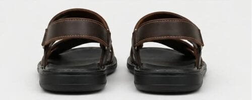Multiple viewing angles of men's handcrafted dark brown leather casual sandals showcasing dual straps, contrast stitching, and a comfortable flat sole.