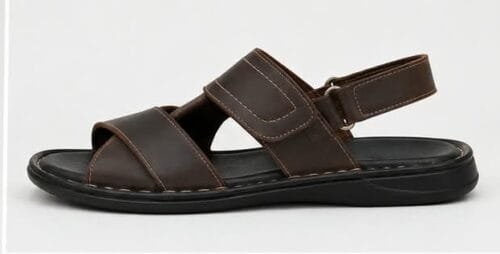Multiple viewing angles of men's handcrafted dark brown leather casual sandals showcasing dual straps, contrast stitching, and a comfortable flat sole.
