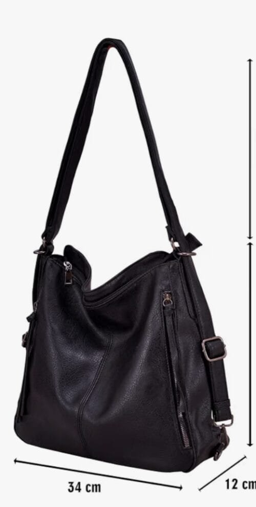 Handcrafted black leather convertible shoulder bag and backpack with multi-pocket design