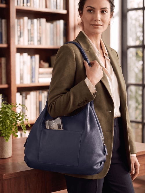 Navy Blue Pebbled Leather Hobo Bag – Front View