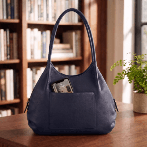 Navy blue pebbled leather hobo bag front view with double handle
