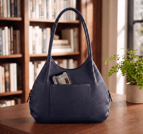 Navy blue pebbled leather hobo bag front view with double handle