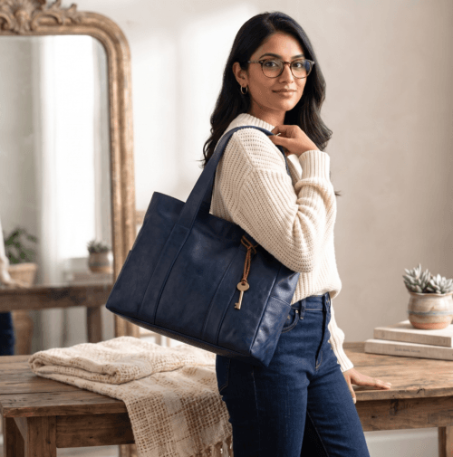 Open top view of navy blue leather bag showing spacious interior lining, zip compartment, and pockets Navy blue handcrafted leather tote bag with sturdy shoulder straps and side pockets on a display stand.