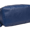 Bottom angle view of structured navy blue leather tote bag showing durable stitching and wide base. Bottom angle view of structured navy blue leather tote bag showing durable stitching and wide base.