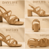Daylife Leather Women’s Strappy Block Heel Sandals in Beige