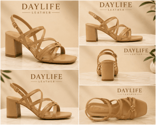Daylife Leather Women’s Strappy Block Heel Sandals in Beige