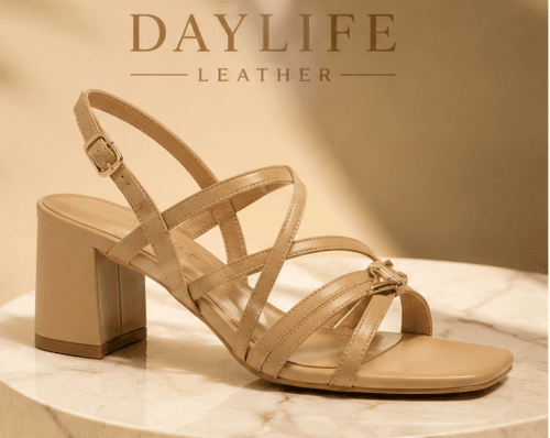 Daylife Leather Women’s Strappy Block Heel Sandals in Beige