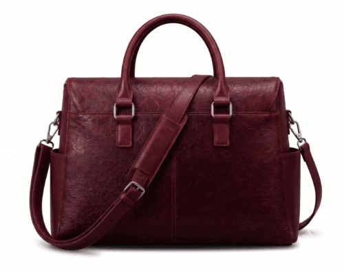 Back view of DayLifeLeather handcrafted maroon textured leather briefcase bag with shoulder strap on a white background.