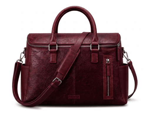 Front view of DayLifeLeather handcrafted maroon textured leather briefcase bag with shoulder strap on a white background.