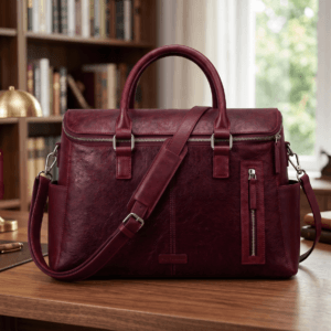 Front view of DayLifeLeather handcrafted maroon textured leather briefcase bag with shoulder strap on a white background.