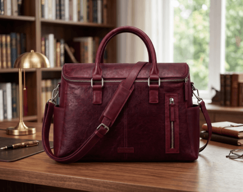 Front view of DayLifeLeather handcrafted maroon textured leather briefcase bag with shoulder strap on a white background.
