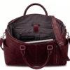 Open Front view of DayLifeLeather handcrafted maroon textured leather briefcase bag with shoulder strap on a white background.